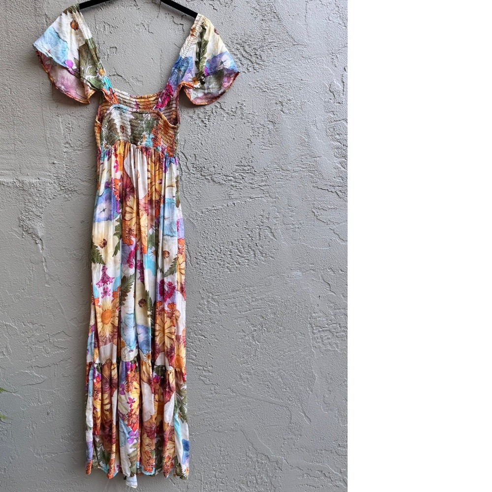 Moxy Anthropologie Womens Floral Boho Flutter Smocked Cottage Maxi Dress - Picture 4 of 10